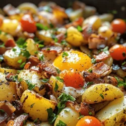 The Hearty Country Breakfast Skillet is a quintessential meal that brings together the rustic charm of country cooking with the satisfaction of a hearty breakfast. This dish embodies the essence of a traditional breakfast, featuring crispy potatoes, savory bacon, colorful vegetables, and perfectly cooked eggs. It’s a comforting combination that not only satisfies your hunger but also warms your soul, making it an ideal choice for family gatherings or a cozy weekend brunch. As you gather around the table, the aroma of sizzling bacon and freshly cooked eggs will create a delightful atmosphere, inviting everyone to dig in and enjoy.