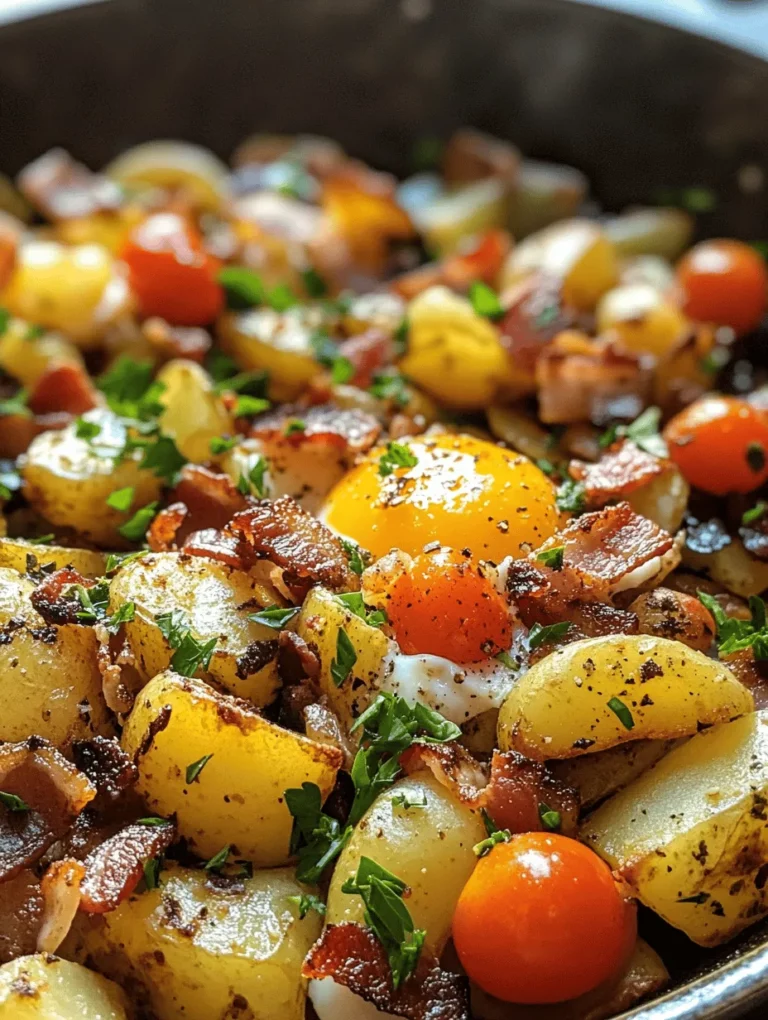 The Hearty Country Breakfast Skillet is a quintessential meal that brings together the rustic charm of country cooking with the satisfaction of a hearty breakfast. This dish embodies the essence of a traditional breakfast, featuring crispy potatoes, savory bacon, colorful vegetables, and perfectly cooked eggs. It’s a comforting combination that not only satisfies your hunger but also warms your soul, making it an ideal choice for family gatherings or a cozy weekend brunch. As you gather around the table, the aroma of sizzling bacon and freshly cooked eggs will create a delightful atmosphere, inviting everyone to dig in and enjoy.