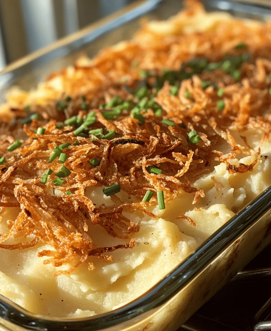 Baked Mashed Potatoes with Crunchy Onion Topping is a dish that perfectly marries comfort and flavor, making it a beloved side dish for a variety of occasions. Whether it's Thanksgiving dinner, a family barbecue, or a casual weeknight meal, this recipe stands out as a warm, hearty favorite that appeals to both kids and adults alike. The creamy texture of the mashed potatoes contrasts beautifully with the crispy, savory onion topping, creating a delightful experience for the palate.