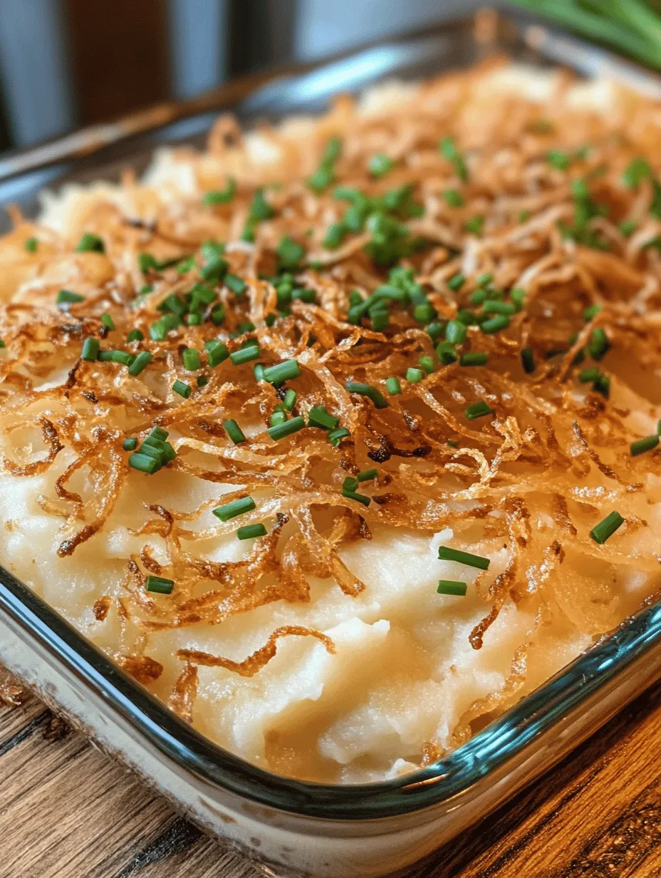 Baked Mashed Potatoes with Crunchy Onion Topping is a dish that perfectly marries comfort and flavor, making it a beloved side dish for a variety of occasions. Whether it's Thanksgiving dinner, a family barbecue, or a casual weeknight meal, this recipe stands out as a warm, hearty favorite that appeals to both kids and adults alike. The creamy texture of the mashed potatoes contrasts beautifully with the crispy, savory onion topping, creating a delightful experience for the palate.