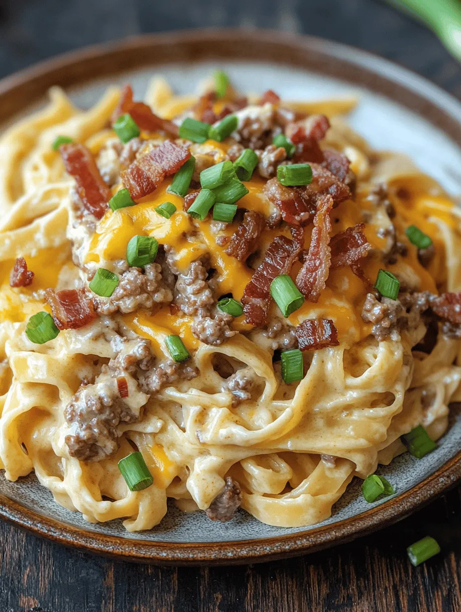 Welcome to a culinary experience that combines the best of comfort food into one satisfying dish: Loaded Bacon Cheeseburger Alfredo Pasta. This dish is not just a meal; it’s a celebration of flavors that brings together three beloved classics: the cheeseburger, the creamy Alfredo sauce, and the irresistible crunch of bacon. Imagine rich, savory pasta enveloped in a luscious sauce, topped with crispy bacon and seasoned ground beef, all crowned with a generous helping of melted cheese. This dish is sure to please a crowd, making it perfect for family dinners, gatherings with friends, or any occasion where you want to impress with minimal effort.