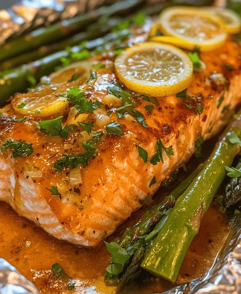 If you’re looking to elevate your culinary skills while preparing a quick, healthy meal, <strong>Baked Salmon in Foil with Asparagus and Lemon Garlic Butter Sauce</strong> is the perfect recipe to add to your repertoire. This dish is not only an eye-catching centerpiece for any dinner table but also a harmonious blend of flavors that tantalizes the taste buds. The combination of succulent salmon, vibrant asparagus, and a zesty lemon garlic butter sauce creates an unforgettable dining experience.” /></p>
</p>
<h3>Sealing the Foil Packs: Ensuring Perfect Steam Circulation for Moist Cooking</h3>
</p>
<p>Once your salmon fillets and asparagus are nestled in the foil, it’s crucial to seal the packs correctly to lock in moisture and flavor. Begin by folding the sides of the foil over the salmon and asparagus, creating a tent-like structure that allows space for steam to circulate. Ensure the edges are tightly crimped so that no steam escapes during baking. This method not only infuses the flavors but also ensures the salmon remains moist and flaky. For added security, you can double wrap the foil if you’re concerned about punctures or leaks.</p>
</p>
<h3>Baking the Salmon: Timing and Temperature for Optimal Results</h3>
</p>
<p>With your foil packs securely sealed, it’s time to bake the salmon. Preheat your oven to 400°F (200°C). Place the foil packs on a baking sheet to catch any potential drips and to make transferring them in and out of the oven easier. Bake for 15-20 minutes, depending on the thickness of your salmon fillets. A general rule of thumb is to bake the salmon for 4-6 minutes per half-inch of thickness.</p>
</p>
<p>To check for doneness, carefully open one of the foil packs—be cautious of the hot steam that will escape. The salmon should be opaque and flake easily with a fork. The asparagus should be bright green and tender yet still slightly crisp. If it’s not quite done, reseal the pack and return it to the oven for an additional 3-5 minutes.</p>
</p>
<h3>Nutritional Benefits of the Recipe</h3>
</p>
<h4>Analyzing the Health Benefits of the Ingredients</h4>
</p>
<p>This baked salmon recipe not only delights the palate but also provides a wealth of nutritional benefits. Let’s break down the primary ingredients to understand their health contributions.</p>
</p>
<h4>Salmon’s Omega-3 Fatty Acids and Their Impact on Health</h4>
</p>
<p>Salmon is renowned for being one of the best sources of omega-3 fatty acids, which are essential fats that our bodies cannot produce on their own. These fatty acids, particularly EPA and DHA, are known for their heart-healthy benefits, including reducing inflammation, lowering blood pressure, and decreasing the risk of heart disease. Regular consumption of omega-3s has also been linked to improved brain function and mental health.</p>
</p>
<h4>Asparagus as a Low-Calorie, Nutrient-Dense Vegetable</h4>
</p>
<p>Asparagus is a nutritional powerhouse, offering a low-calorie option packed with vitamins A, C, E, and K, as well as fiber and antioxidants. Its high fiber content aids in digestion and promotes a feeling of fullness, making it an excellent choice for those watching their weight. Asparagus is also rich in folate, which is vital for cell function and tissue growth, making it especially important for pregnant women.</p>
</p>
<h4>The Role of Lemon in Boosting Immunity and Digestion</h4>
</p>
<p>Lemon not only adds a zesty flavor to this dish but also provides a significant dose of vitamin C, an antioxidant that boosts the immune system and promotes healthy skin. The citric acid in lemons aids in digestion and can help prevent kidney stones by increasing urine volume and pH, making it less acidic.</p>
</p>
<h3>Serving Suggestions</h3>
</p>
<h4>Ideas for Side Dishes That Complement Baked Salmon</h4>
</p>
<p>To round out your meal, consider serving the baked salmon with side dishes that enhance its flavors. Here are some delightful options:</p>
</p>
<p>– <strong>Quinoa Salad</strong>: A refreshing quinoa salad with cherry tomatoes, cucumber, and a light vinaigrette pairs beautifully with the richness of salmon.</p>
<p>– <strong>Garlic Mashed Potatoes</strong>: Creamy mashed potatoes infused with garlic complement the savory flavors of the salmon.</p>
<p>– <strong>Mixed Green Salad</strong>: A simple salad with mixed greens, walnuts, and goat cheese dressed with balsamic vinaigrette provides a crunchy contrast to the tender salmon.</p>
</p>
<h4>Pairing Wines and Beverages That Enhance the Meal Experience</h4>
</p>
<p>When it comes to beverages, a crisp white wine like Sauvignon Blanc or Chardonnay harmonizes well with the flavors of baked salmon. If you prefer something non-alcoholic, a sparkling water with a splash of lemon or a refreshing herbal iced tea works wonderfully to cleanse the palate.</p>
</p>
<h4>Creative Garnishing Techniques to Elevate Presentation</h4>
</p>
<p>Presentation is key to enhancing the dining experience. Consider garnishing your baked salmon with fresh herbs like dill or parsley to add a pop of color. A few lemon wedges on the side not only brighten the plate but also offer an additional burst of flavor when squeezed over the salmon. For a touch of elegance, you might sprinkle some toasted pine nuts or sliced almonds over the top right before serving.</p>
</p>
<h3>Variations and Customizations</h3>
</p>
<h4>Adapting the Recipe for Dietary Restrictions (E.g., Gluten-Free, Dairy-Free)</h4>
</p>
<p>This baked salmon recipe is naturally gluten-free and dairy-free, making it a versatile choice for various dietary needs. If you’re looking to keep it dairy-free, simply ensure that your butter substitute is also dairy-free.</p>
</p>
<h4>Incorporating Different Herbs and Spices for Unique Flavor Profiles</h4>
</p>
<p>Feel free to customize the flavor profile of this dish by experimenting with different herbs and spices. Try adding fresh thyme, rosemary, or a sprinkle of paprika for a different twist. For those who enjoy some heat, a pinch of red pepper flakes can add a zesty kick.</p>
</p>
<h4>Alternatives to Asparagus: Other Vegetables That Work Well in Foil Packets</h4>
</p>
<p>While asparagus pairs beautifully with salmon, many other vegetables can also shine in this recipe. Consider using:</p>
</p>
<p>– <strong>Broccoli</strong>: Adds a great crunch and absorbs the lemon garlic butter sauce well.</p>
<p>– <strong>Zucchini</strong>: Slices of zucchini become tender and flavorful.</p>
<p>– <strong>Bell Peppers</strong>: Colorful bell peppers add sweetness and vibrant color to your dish.</p>
</p>
<h3>Storing and Reheating Leftovers</h3>
</p>
<h4>Best Practices for Storing Leftovers to Maintain Freshness</h4>
</p>
<p>If you have any leftovers, the baked salmon can be stored in an airtight container in the refrigerator for up to three days. To keep the asparagus fresh, it’s best to store them separately, as they may become soggy if stored together.</p>
</p>
<h4>Reheating Techniques That Prevent Overcooking</h4>
</p>
<p>To reheat your salmon without drying it out, preheat your oven to 300°F (150°C). Place the salmon on a baking sheet and cover it loosely with foil. Heat for about 10-15 minutes until warmed through. Alternatively, you can use the microwave, but be sure to heat in short intervals to avoid overcooking.</p>
</p>
<h3>Conclusion</h3>
</p>
<p>Baked salmon in foil with asparagus and lemon garlic butter sauce is not only a simple and satisfying dish to prepare, but it also offers a delightful array of flavors and numerous health benefits. The ease of cooking and cleanup makes this recipe a favorite for weeknight dinners or special occasions alike.</p>
</p>
<p>As you experiment with various herbs, spices, and vegetable combinations, feel empowered to make this dish your own. The lasting appeal of this recipe lies in its versatility, making it a staple in healthy home cooking. So, gather your ingredients, fire up your oven, and enjoy the deliciousness that is baked salmon with asparagus!</p>
<div id=