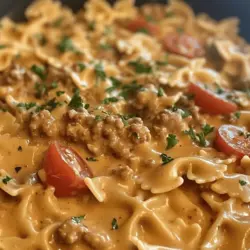 Creamy Velveeta Beef Bowtie Pasta has earned its place in many households for good reasons. Firstly, it’s incredibly convenient. The use of Velveeta cheese not only simplifies the cooking process but also guarantees a velvety sauce that clings perfectly to the pasta. Velveeta’s unique melting properties mean that it can transform any dish into a creamy delight without the need for complicated techniques or lengthy preparation times.