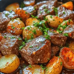 The "Sizzling Garlic Butter Steak and Potatoes Skillet" is a dish that perfectly marries the richness of tender sirloin steak with the comforting familiarity of golden-brown baby potatoes. This recipe is not only an excellent choice for busy weeknights but also adds a touch of elegance to special occasions. With its enticing aroma and mouthwatering flavors, this skillet meal promises to impress both the cook and the diners at the table. As you sauté the steak and potatoes together, the garlic and herbs release their fragrances, creating a delightful atmosphere that is sure to make any dining experience feel special.