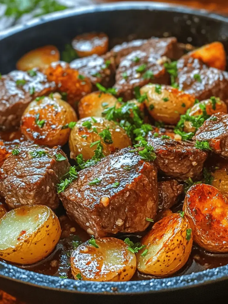 The "Sizzling Garlic Butter Steak and Potatoes Skillet" is a dish that perfectly marries the richness of tender sirloin steak with the comforting familiarity of golden-brown baby potatoes. This recipe is not only an excellent choice for busy weeknights but also adds a touch of elegance to special occasions. With its enticing aroma and mouthwatering flavors, this skillet meal promises to impress both the cook and the diners at the table. As you sauté the steak and potatoes together, the garlic and herbs release their fragrances, creating a delightful atmosphere that is sure to make any dining experience feel special.