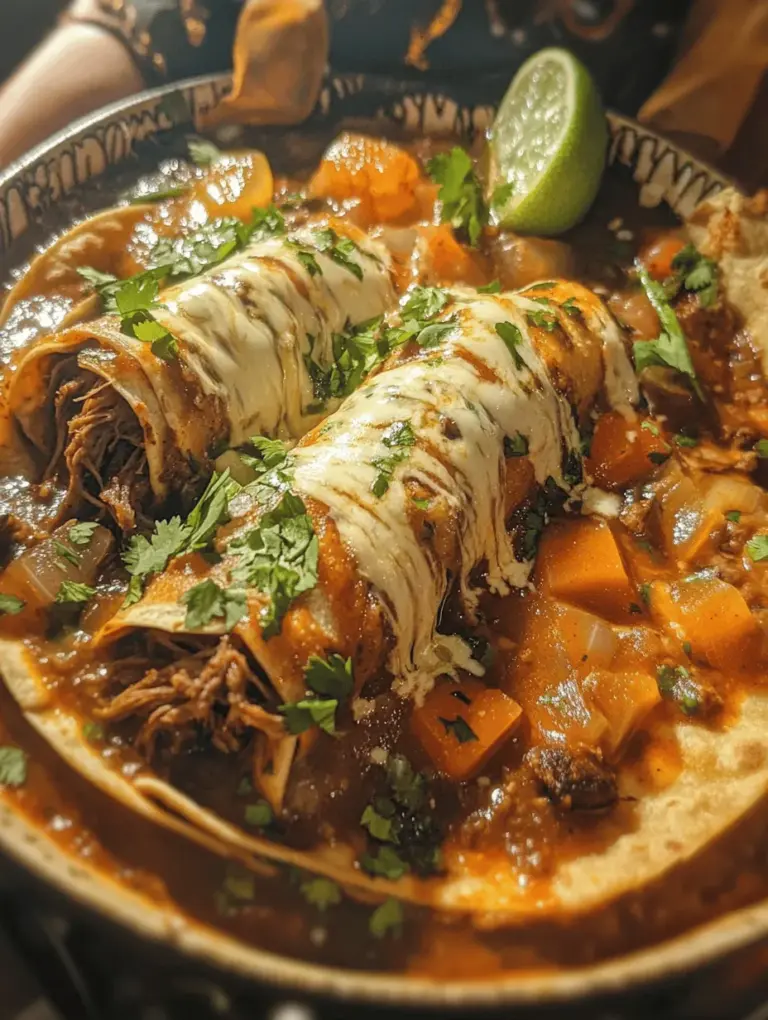 Explore the vibrant world of Mexican cuisine with these delicious Savory Birria Enchiladas. This dish is a celebration of flavor, tradition, and creativity, combining tender, flavorful birria meat wrapped in soft corn tortillas, topped with a rich broth and gooey cheese. Originally hailing from the state of Jalisco, birria is a dish that embodies the heart of Mexican culinary heritage. As you prepare this recipe, you will not only create a mouthwatering meal but also step into the rich tapestry of Mexican culture that has made birria a beloved dish both locally and internationally. Perfect for family gatherings or a comforting weeknight meal, this recipe will delight your taste buds while celebrating the traditional flavors of Mexico.