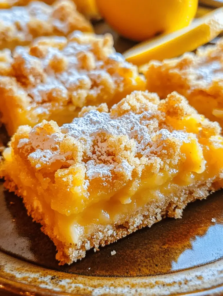 When it comes to dessert, few things can brighten up your day quite like a slice of Zesty Lemon Crumb Bars. These delightful treats combine the refreshing flavor of fresh lemons with a sweet and buttery crumb topping, creating a dessert that's both tangy and sweet. Perfect for any occasion, from summer picnics to cozy winter gatherings, these bars are not just a feast for the eyes but also a burst of sunshine for your taste buds.