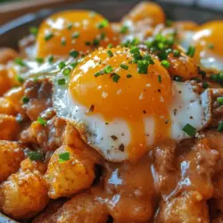 The Tater Tot Breakfast Bowl with Sausage Gravy is the quintessential comfort food that seamlessly melds the most cherished breakfast staples into a single indulgent dish. Imagine waking up to a hearty bowl filled with crispy tater tots, rich and savory sausage gravy, and a sprinkle of cheese, all topped with a perfectly cooked egg. This dish is not only satisfying but also incredibly versatile, making it suitable for busy weekday mornings or leisurely weekend brunches with family and friends.