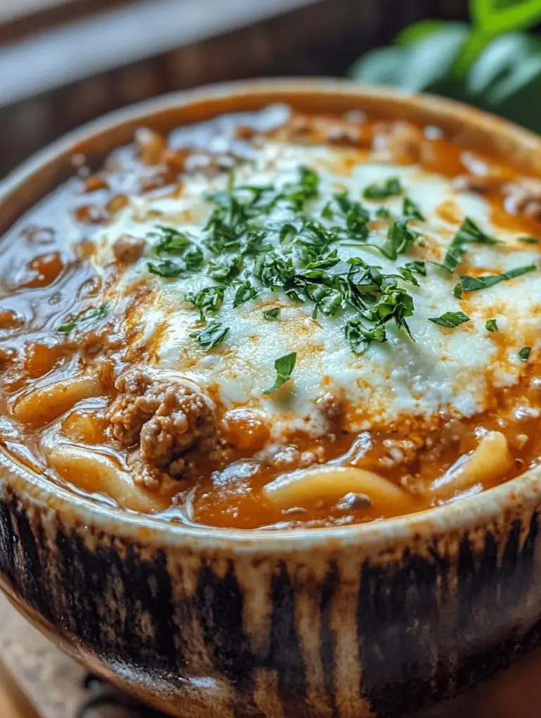 Lasagna Soup is a delightful and comforting dish that brings the rich flavors of traditional lasagna into a cozy soup format. This innovative recipe takes the beloved lasagna components—savory meat, aromatic herbs, and gooey cheese—and combines them into a hearty soup that is perfect for any occasion. Whether you’re hosting a family gathering, preparing a weeknight dinner, or simply craving a warm bowl of comfort, Lasagna Soup offers a simple yet satisfying solution.