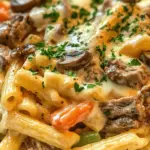 Delve into the delicious world of comfort food with our Philly Cheese Steak Pasta recipe. This dish beautifully combines the classic flavors of a Philly cheesesteak with the satisfying texture of pasta, creating a meal that's perfect for family dinners or casual gatherings. Imagine the rich, savory taste of thinly sliced steak, sautéed onions, and melted cheese enveloped in luscious pasta, all coming together to create a symphony of flavors that tantalizes the taste buds.