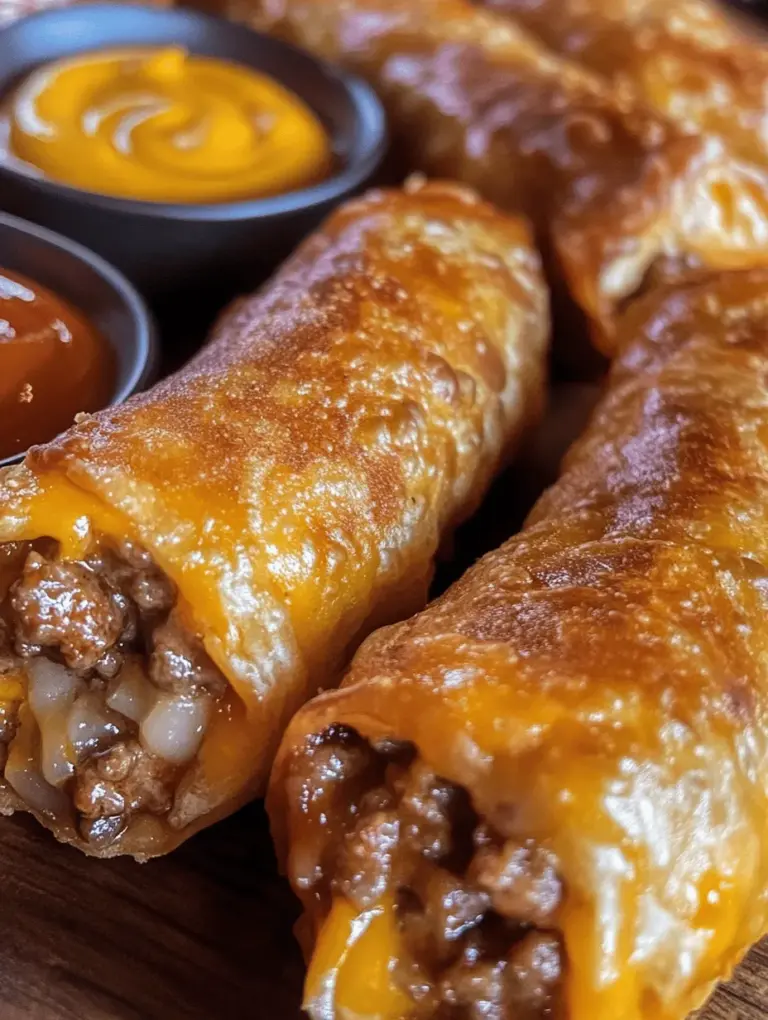 Cheeseburger egg rolls are an innovative fusion dish that combines the beloved flavors of a traditional cheeseburger with the satisfying crunch of crispy egg rolls. This mouthwatering appetizer is a delightful way to enjoy the classic taste of a cheeseburger in a new and exciting format. Whether you're planning a family dinner, hosting a game day gathering, or simply looking for a fun snack, cheeseburger egg rolls are sure to impress both adults and children alike. Their unique presentation, combined with their familiar flavors, makes them a standout choice for any occasion.